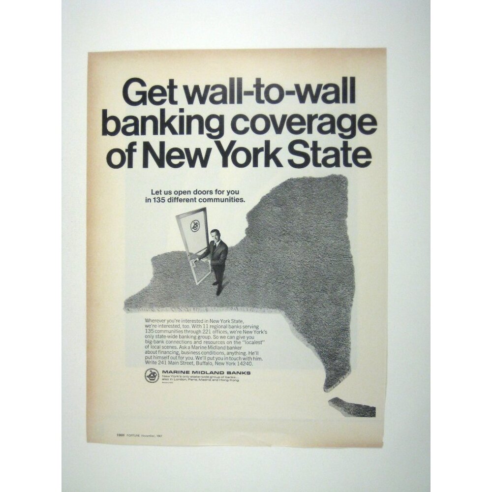 Vintage 1967 Marine Midland Banks Map New York State Print Ad